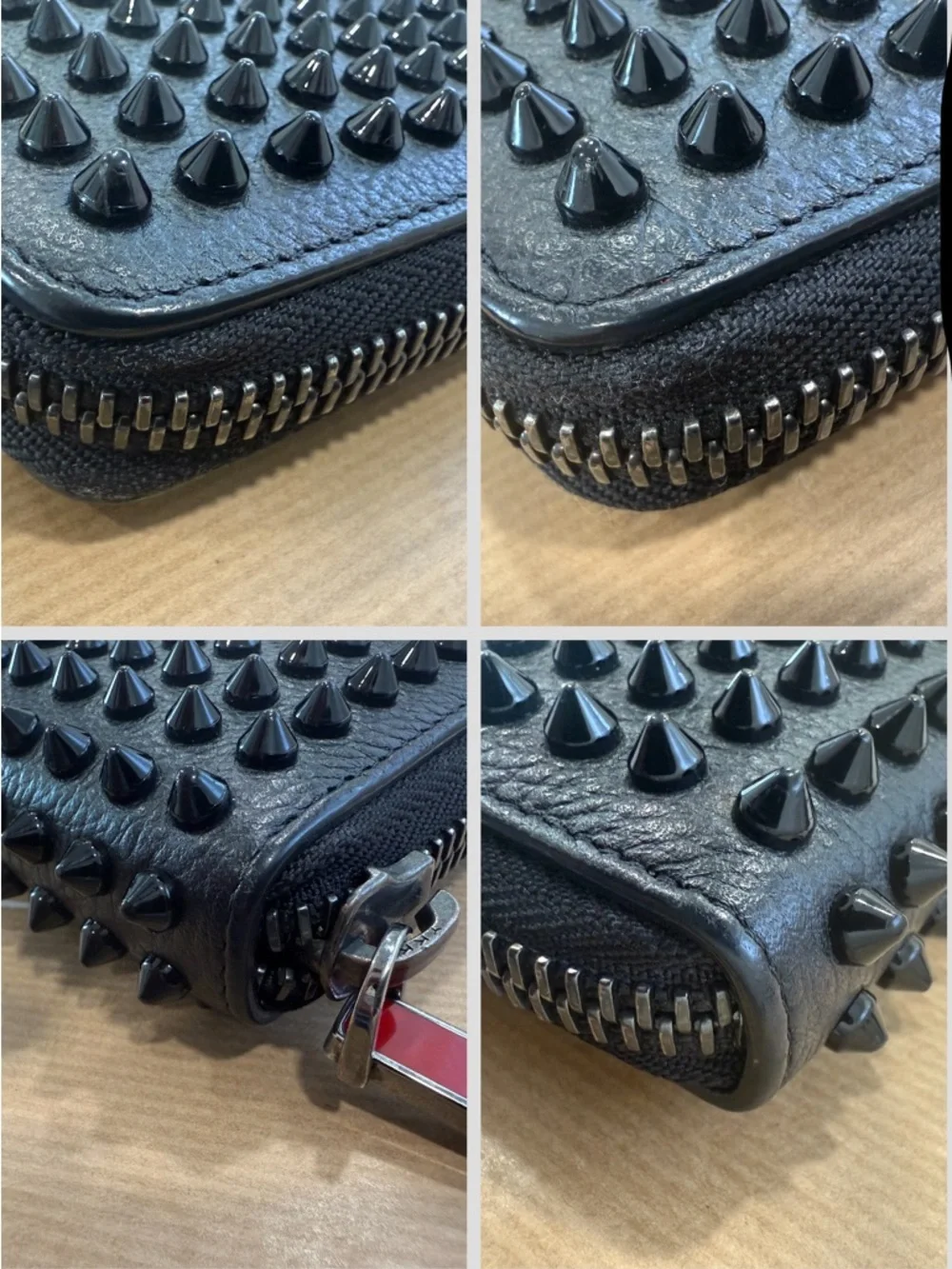 Christian Louboutin Panettone Spiked Zip Wallet Black Leather Red Sole Authentic